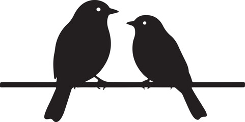 Two black silhouette birds perched on a horizontal branch