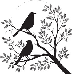 Two birds silhouetted on a tree branch with leaves