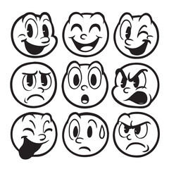  Cute cartoon emoji faces collection funny comic character expressions, vintage mascot reaction icons, emotion stickers with eyes and mouth elements for animation and design.eps