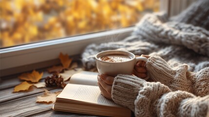 Cozy autumn morning scene, woman's hands holding steaming mug of coffee and reading on wooden table, open book, window view of golden leaves in background, warm, soft light, serene atmosphere