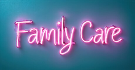 Fototapeta premium Bright pink neon sign displays Family Care against teal background. Simple lettering, modern aesthetic, inviting message.