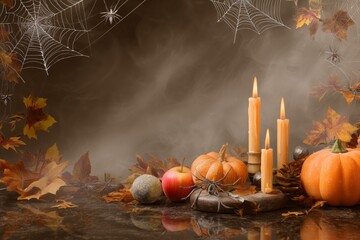 Dark fairy tale autumn banner with empty dark background, gothic spooky Halloween style, mystical decorations like old leaves branches, red apples, pumpkins and candles, spiders web and ominous fog