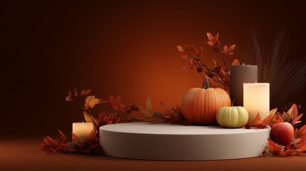Autumn banner mockup with geometric platform for product placement, spooky halloween atmosphere with old leaves, red apple, pumpkin and mystical candles on dark orange background, empty space for text