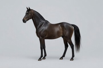 Obraz premium Dark horse studio portrait, gray background, equine photography, website banner