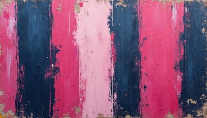Abstract painting with thick vertical strokes of vibrant pink, light pink, deep navy blue. Distressed grunge texture with peeling paint, rough, aged surface creates dynamic, edgy, modern aesthetic.