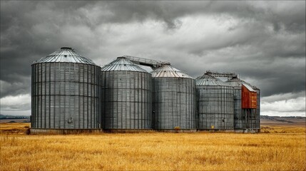 Grain silos stand in a field, under a dramatic and stormy sky. Use this for agriculture, farming, or rural landscape imagery.