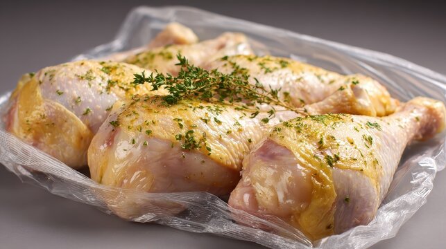 Raw chicken legs marinated with herbs in a plastic bag, ready to cook. Good for food blogs, recipes, or showing ingredients before cooking.