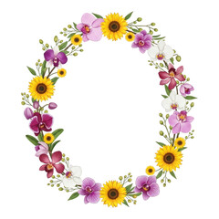 Circular floral frame with sunflowers, orchids, and greenery isolated on transparent background