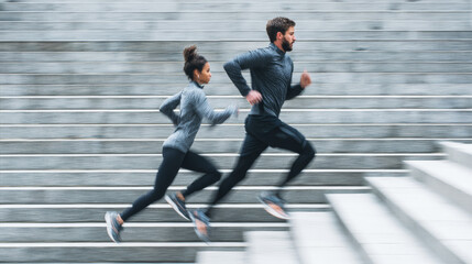Blurred image of couple running outdoor - Sport, multiracial people and fitness concept - Models by AI generative