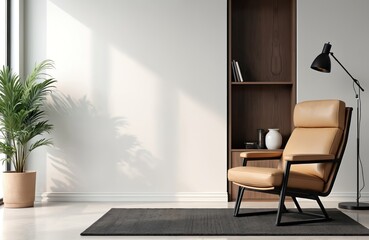 Modern minimalist office interior features tan leather armchair, dark wood shelving, tall black floor lamp. Natural light streams in, casting shadows on white wall with ample copy space. Includes