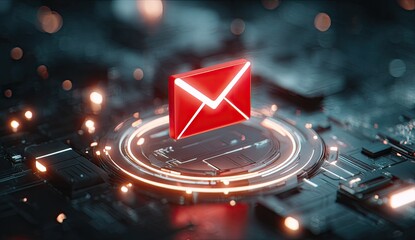 Red Email Icon on Futuristic Circuit Board.