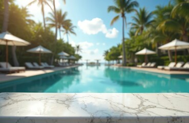 Marble table surface foreground with blurred tropical resort pool background. Sunny day with palm trees, lounge chairs, umbrellas beside turquoise water. Perfect for summer product placement.