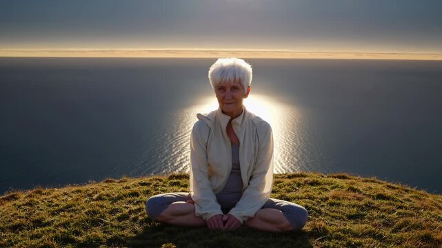 Senior woman sits in yoga pose on cliffside. Ocean view supports peace. Outdoor meditation builds mindfulness and focus. Yoga and meditation outdoors improve peace and bring woman balance and calm