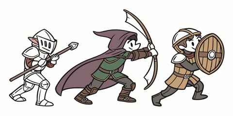 Cartoon Warriors Assemble Fantasy Characters Ready for Adventure Featuring a Knight Archer and Shielded Warrior