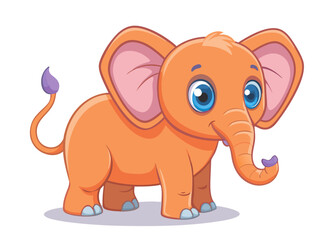 Obraz premium Cheerful Cartoon Elephant with Big Blue Eyes and a Purple Tipped Tail Stands on White