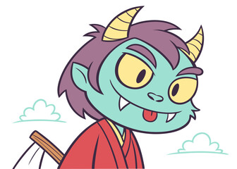 Whimsical Oni Character with Tongue Out and Playful Expression in Cartoon Style Amidst Gentle Clouds