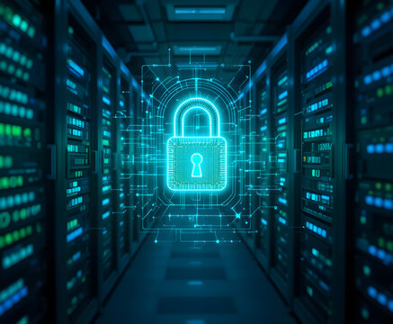 Digital Lock and Key Made of Light in Server Room | Data Encryption and Cybersecurity Concept