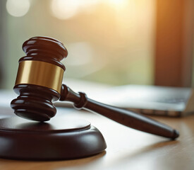 Obraz premium Judgement gavel rests on wooden block, symbolizing law and justice. Used in courtrooms, legal proceedings, and auctions. Represents authority and final decision-making in trials and disputes.