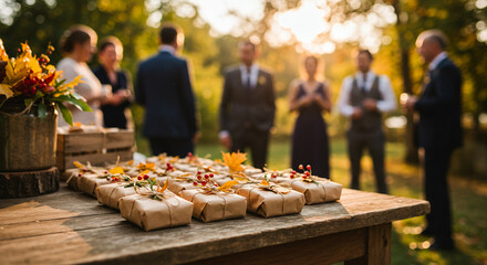 Guests enjoying outdoor celebration with gift packages on table  
