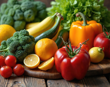 Vibrant assortment of fresh fruits, vegetables arranged on rustic wooden surface. Features broccoli, tomatoes, oranges, lemons, bananas, bell peppers, lettuce. Healthy, natural produce captures