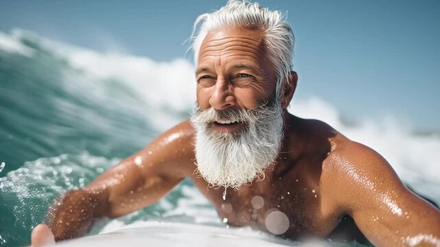 An elderly man boldly rides the waves while surfing, showcasing his skills in the ocean. He has a silver beard and tanned skin, enjoying the warm sun and refreshing water.