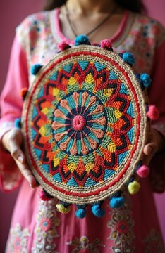Intricate Rabari tribal embroidery adorns circular textile, colorful folk art from India. Traditional needlecraft features geometric patterns, pom-pom trim, reflecting rich cultural heritage, artisan