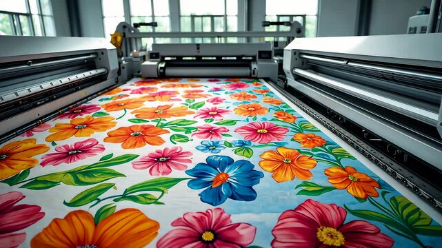 Large industrial textile printing machine producing colorful floral patterned fabric inside bright modern workshop