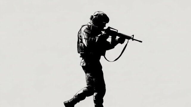 Silhouette of a soldier aiming a rifle against a plain background