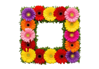 Square frame of colorful gerbera daisies isolated on transparent background
