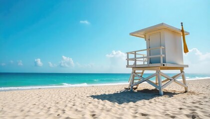 A classic lifeguard tower stands tall on a sandy beach, overlooking the calm ocean waves under a bright sunny sky  Perfect for summer, vacation, and safety themes , landscape, structure
