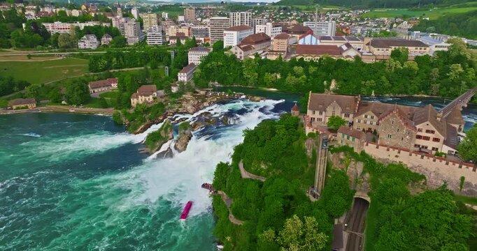 Aerial view of waterfall The Rhine Falls Neuhausen at summer Switzerland 