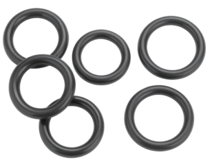 Seven black rubber O-rings of varying sizes, circular sealing rings used as mechanical gaskets for joints and fittings.