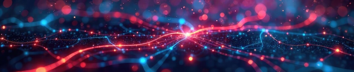 Obraz premium A complex network of glowing lines and nodes illustrating the flow of data and information exchange across a digital landscape , innovation, digital transformation, connection