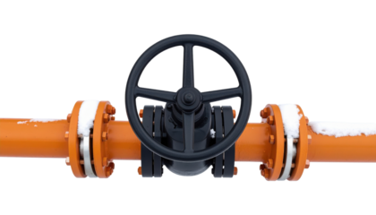 Orange industrial pipe with a black handwheel valve and flanged connections topped with light snow.