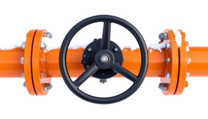Orange industrial pipeline section with a central black handwheel valve, flanged joints, visible bolts and light snow on the pipe.