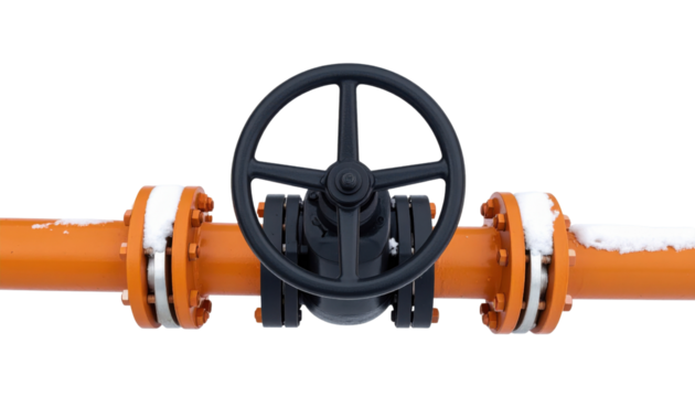 Orange industrial pipe with a black handwheel valve and flanged connections topped with light snow.