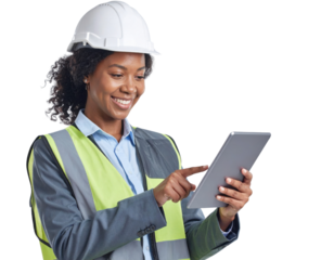 Smiling woman construction worker wearing a hardhat and high-visibility vest using a tablet.