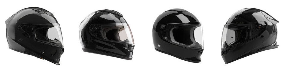 Fototapeta premium Set of glossy black motorcycle helmets, wide-angle photography, biker protective headgear, modern riding safety helmet, high-shine motorbike helmet design transparent background
