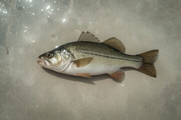 Obraz premium Freshly caught bass on riverbank, sunny day