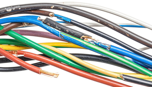 Close-up of multicolored electrical wires with worn insulation and exposed copper conductors on a black background.