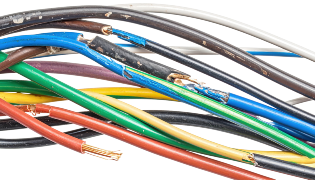 Close-up of multicolored electrical wires with worn insulation and exposed copper conductors on a black background.