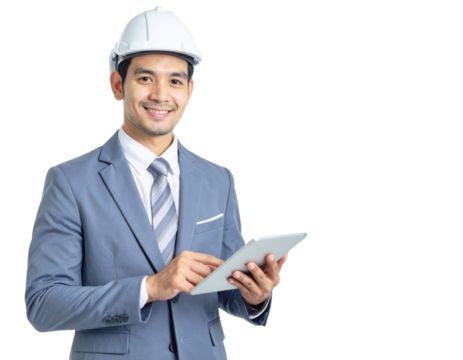 Man in a suit wearing a hard hat and holding a tablet, smiling while reviewing project details.
