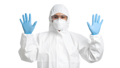 Person wearing a full white protective suit with hood, goggles, N95 mask and blue gloves, hands raised.