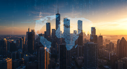 Modern smart city with digital world map overlay symbolizing global business, fintech, and international networks
