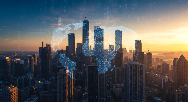 Modern smart city with digital world map overlay symbolizing global business, fintech, and international networks