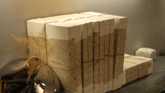Stacked beige paper bricks and metallic vessels arranged in a still life composition