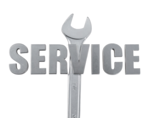 A chrome open-end wrench positioned vertically to form the "V" in the word SERVICE, symbolizing repair and maintenance.