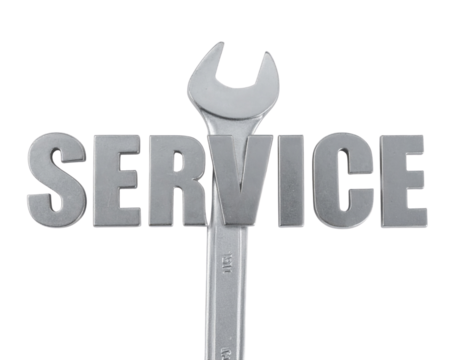 A chrome open-end wrench positioned vertically to form the "V" in the word SERVICE, symbolizing repair and maintenance.