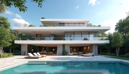 Generative AI luxury home design modern architecture with sleek lines, expansive glass windows, multiple balconies. Features pristine swimming pool, lounging chairs, rich landscaping, perfect for