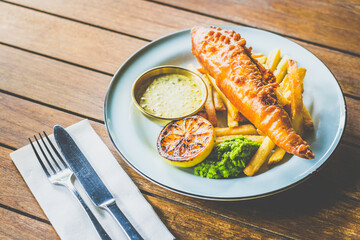 Beer Battered Fish and Chips, Mushy Peas, Tartare Sauce and Lemon